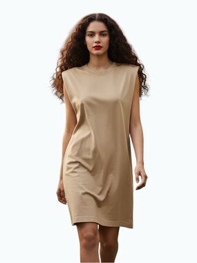 Aritzia Babaton Shoulder Pad Cotton T-Shirt Tunic Dress Tan Size XS